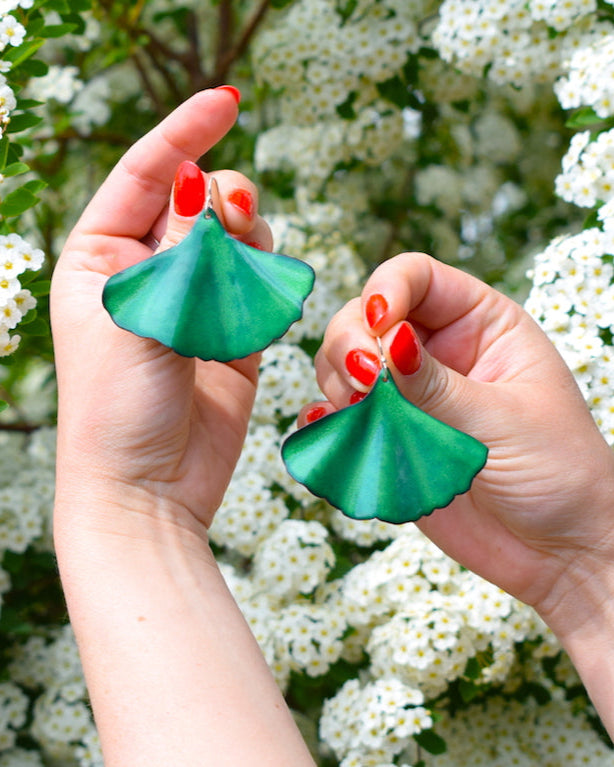 Boucles d’oreilles Grandes Feuilles Ginkgo vertes  * Sur commande *