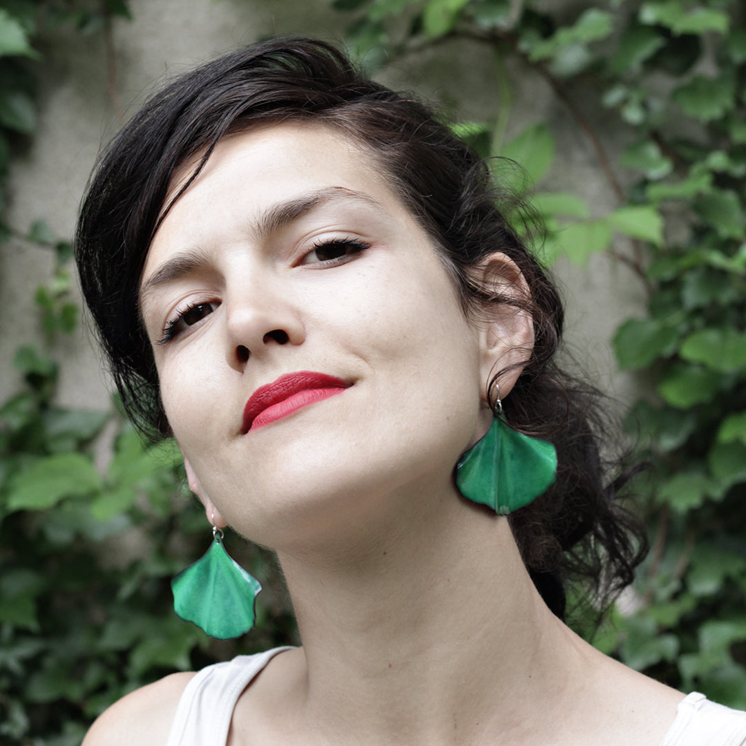 Boucles d’oreilles Grandes Feuilles Ginkgo vertes  * Sur commande *