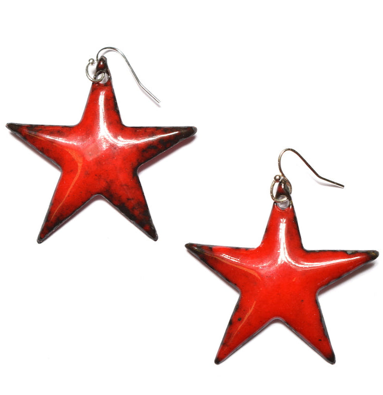 Boucles d’oreilles Grandes Étoiles Rouges en Émail – Bijou Fait Main en Argent 925