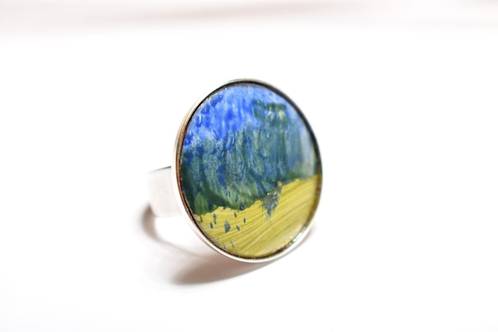 Bague paysage bleu-vert et monture en argent réglable